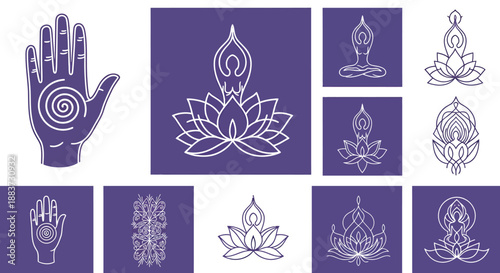 Set of decorative spiritual and yoga symbols with lotus and hand motifs.