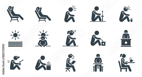 Set of black silhouette icons showing various states of mind and emotions.