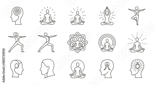 Set of simple line icons representing meditation and mindfulness practices.