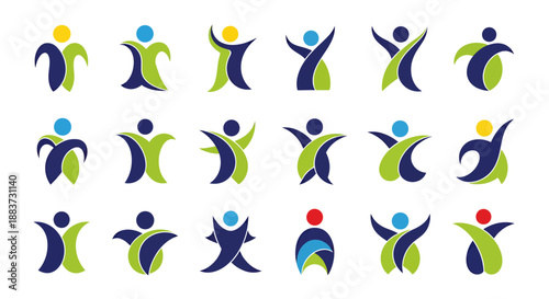 Set of colorful abstract human figures in various dynamic poses symbolizing activity and diversity.