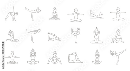 Set of simple line art yoga poses and meditation exercises icons.
