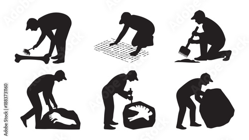 Archaeologists excavating ancient artifacts in a scientific and detailed process with black silhouettes on a clean white background, presented as vector illustrations for educational diagrams.