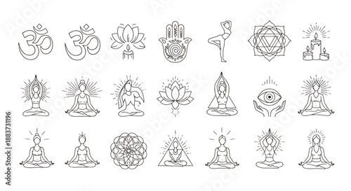 Set of various spiritual and meditation symbols in line art style.