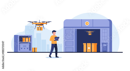 Modern warehouse drone delivery service for fast shipping and logistics management, showcasing efficiency and innovation for business solutions and technology