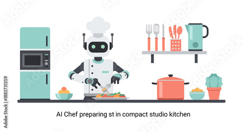 Futuristic AI chef skillfully preparing delicious meals in a modern kitchen, showcasing culinary innovation and the seamless integration of technology in everyday life