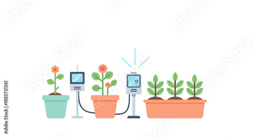 Modern plant growth monitoring system for gardening and agriculture, plants connected to automated sensors, showing data and progress, promising growth