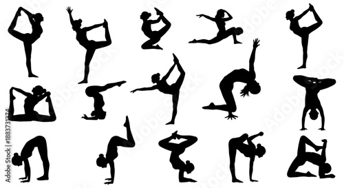 Silhouettes of diverse yoga poses demonstrating flexibility and balance.