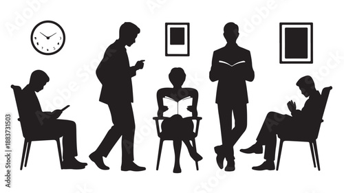 Group of people reading and waiting in a patient and calm black and white vector silhouette illustration for waiting room signage and business communication.