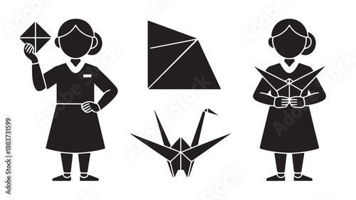 Origami paper craft with schoolgirls in a creative educational black and white flat vector illustration for hobby and learning.