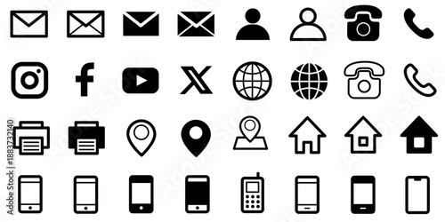 メール、電話、SNS、地図、ホーム、スマートフォンなどを含むビジネス向けモノクロアイコンセット　WebやUIに使いやすいシンプルなピクトグラム素材