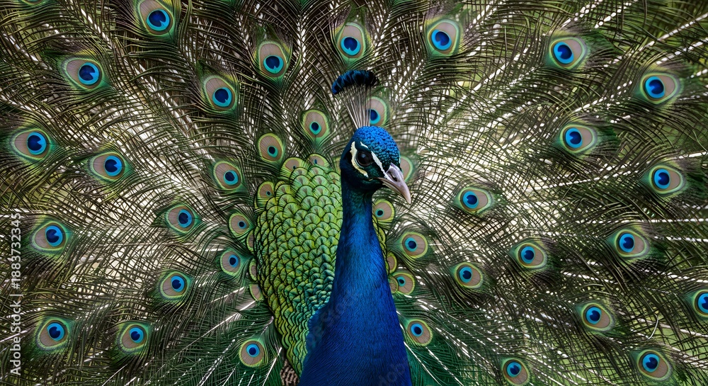 Obraz premium Close-up of a Peacock Displaying its Vibrant Iridescent Tail Feathers