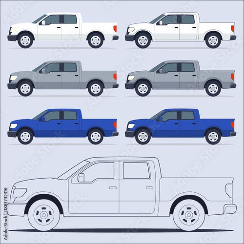 Vector pickup truck side-view illustrations with clean flat style, multiple color variations, ideal for automotive, logistics, UI, infographic, and technical design projects. Fully editable EPS vector