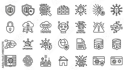 Black icons of security and hacking.