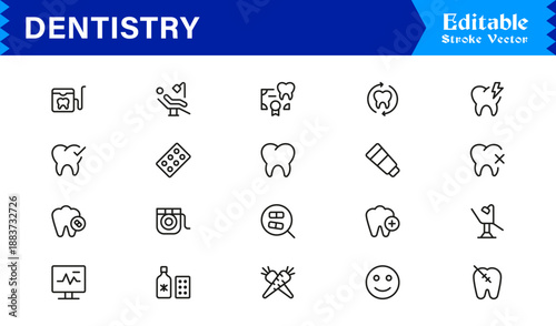 Professional Dentistry Line Icon Set with Modern Minimal Design, Editable Pixel Perfect Dental Symbols, Unique Oral Care and Medical Vector Icons for Healthcare Industry