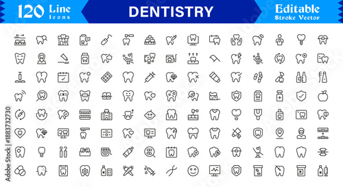 Professional Dentistry Line Icon Set with Modern Minimal Design, Editable Pixel Perfect Dental Symbols, Unique Oral Care and Medical Vector Icons for Healthcare Industry