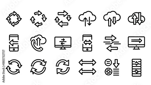Black icons of digital data exchange.