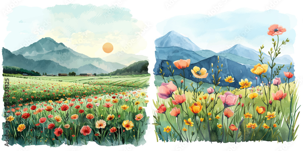 Obraz premium flowers fields with mountain lanscape background watercolor vector illustration