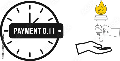 Vector Icon Set Featuring a Clock with Payment Tag and a Hand Passing a Flaring Torch for Financial and Achievement ConceptsVector Icon Set Featuring a Clock with Payment Tag and a Hand Passing a Flar