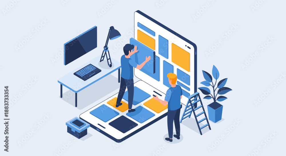 Fototapeta premium App developers working on mobile interface design and development.