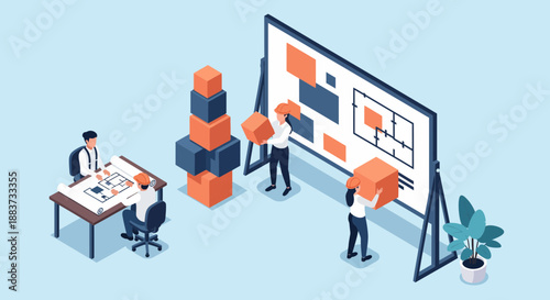 Architects collaborating on a project discussing design plans and concepts.