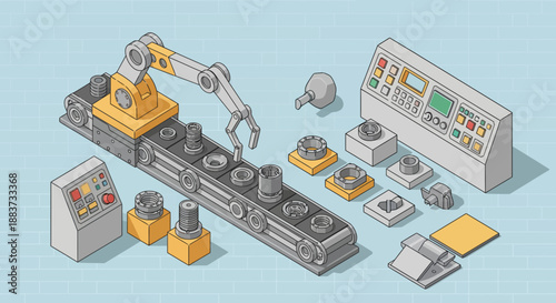 Automated industrial robotic arm assembling components on a production line.
