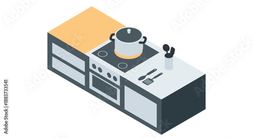 Isometric kitchen counter with stove pot utensils and drawers modern design.