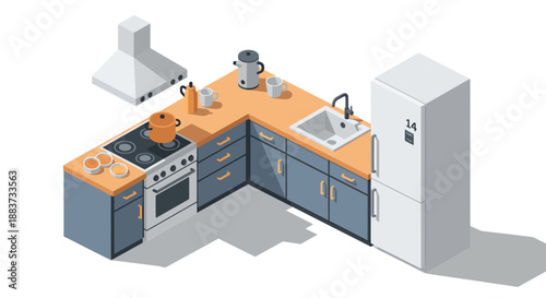 Isometric kitchen illustration with appliances and furniture for cooking and food preparation.