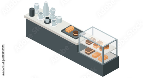 Isometric view of a modern cafe counter with display case and various items.
