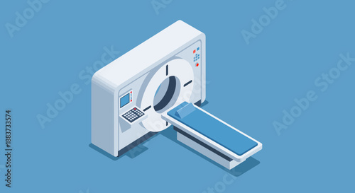 Isometric view of a medical CT scanner ready for patient examination and diagnosis.