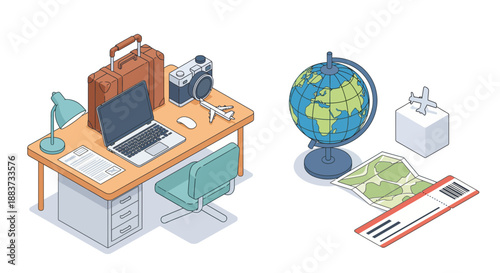 Isometric view of a desk with travel essentials and globe.