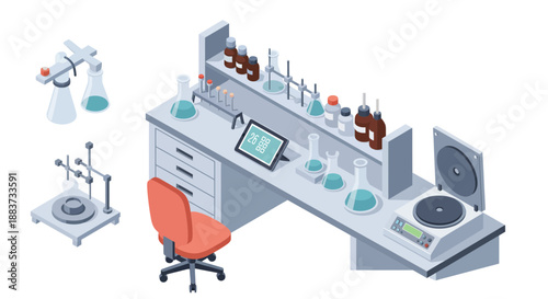 Isometric view of a modern laboratory with scientific equipment and instruments.