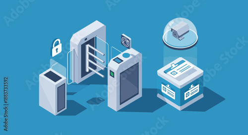 Isometric view of access control systems for security and safety.