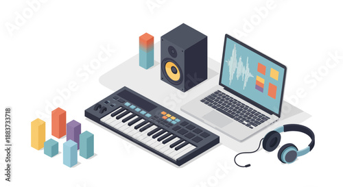 Music studio setup featuring a keyboard laptop speaker and headphones for audio production.