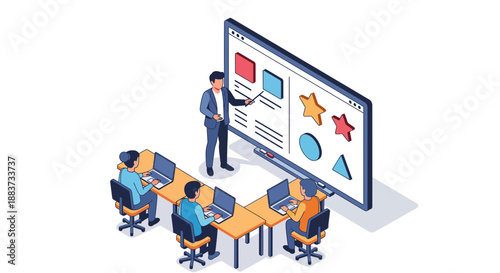 Online education concept with teacher and students learning together.