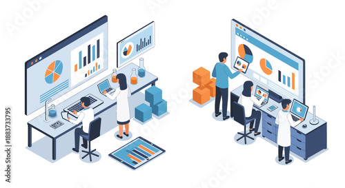Scientists working in a laboratory analyzing data on computer screens.