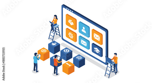 Teamwork and technology people working on digital interface and cubes.