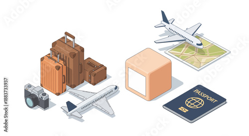 Travel essentials suitcases passport camera and airplane ready for adventure and exploration.