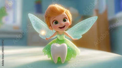 Smiling tooth fairy character with sparkling wings holding magic wand and shiny white tooth
