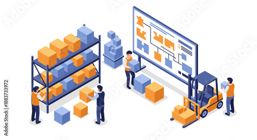 Warehouse operations showcasing logistics storage and distribution processes with workers and equipment.