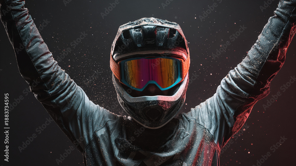 Naklejka premium A professional mountain biker wearing a helmet & goggles w/ color-gradient lenses. Professional, studio-lit, dark background, cinematic feel. He raises his arms in celebration of victory