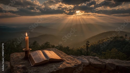 Open book candle mountain sunrise landscape scripture devotional prayer faith contemplative devotion spiritual religious peaceful contemplation hope nature horizon sunbeam valley mist