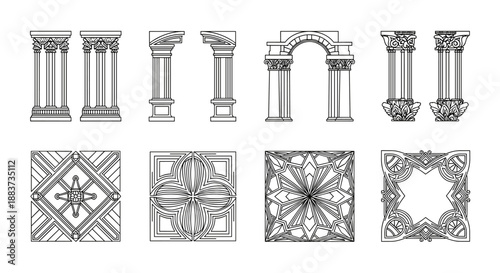 A collection of intricate architectural elements and decorative patterns, including classical columns, arches, and ornate square designs, rendered in a detailed line art style.