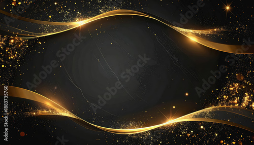 Elegant Black Background with Golden Swirling Ribbons and Glittering Particles