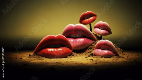 Surreal Lips Growing from Desert Ground