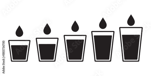 Water level progression set illustrating five glasses filling up with a drop of liquid infographic icons