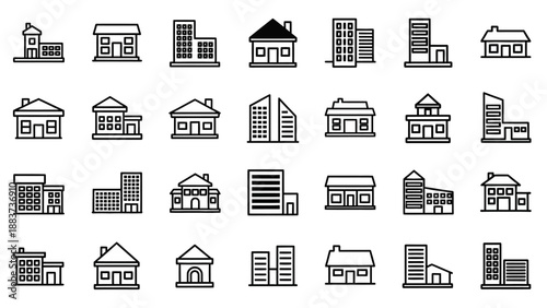 Black line icons of various houses.