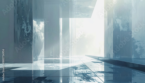 Abstract architectural composition with vertical lines and reflective surfaces, bathed in bright sunlight, modern, minimalist, geometric
