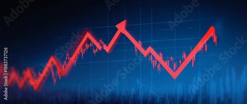 Red zigzag arrow stock chart over blue financial graph with candlestick and volume bars showing volatile market trend and growth, jagged arrow graph indicating upward movement and downward volatility