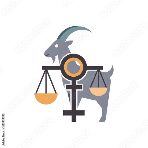 Stylized illustration blending Capricorn goat imagery with Libra scales and a female gender symbol, representing astrological balance, feminine characteristics, and cosmic harmony 