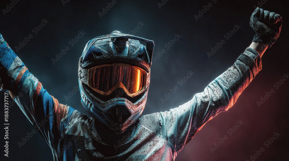 Obraz premium A professional mountain biker wearing a helmet & goggles w/ color-gradient lenses. Professional, studio-lit, dark background, cinematic feel. He raises his arms in celebration of victory
